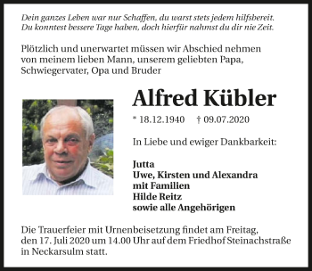 Traueranzeige von Alfred Kübler von GESAMT