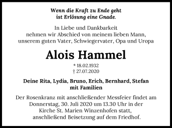 Traueranzeige von Alois Hammel von GESAMT