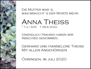 Traueranzeige von Anna Theiss von GESAMT