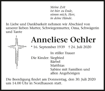 Traueranzeige von Anneliese Oehler von GESAMT