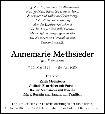 Traueranzeige von Annemarie Methsieder von GESAMT