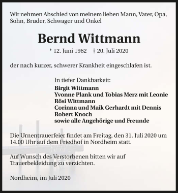 Traueranzeige von Bernd Wittmann von GESAMT