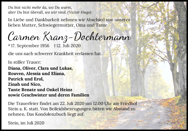  Traueranzeige für Carmen Kranz-Dochtermann vom 20.07.2020 aus GESAMT