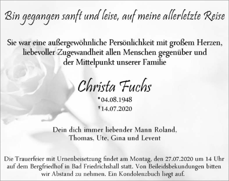  Traueranzeige für Christa Fuchs vom 22.07.2020 aus GESAMT