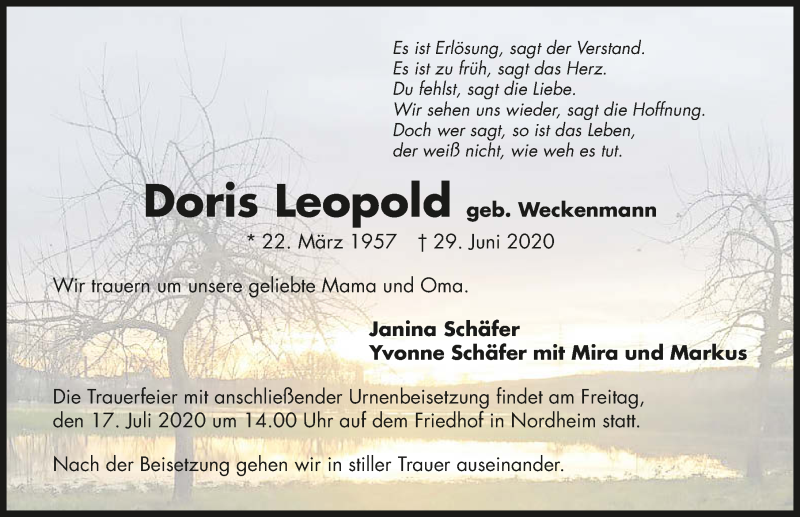  Traueranzeige für Doris Leopold vom 14.07.2020 aus GESAMT