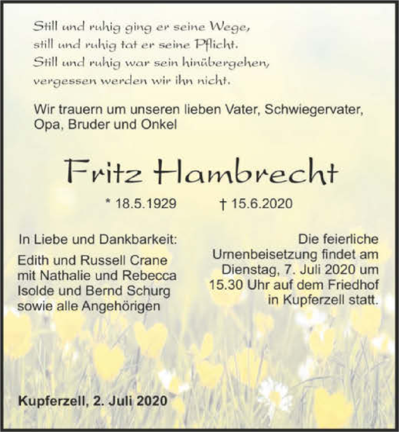  Traueranzeige für Fritz Hambrecht vom 02.07.2020 aus 