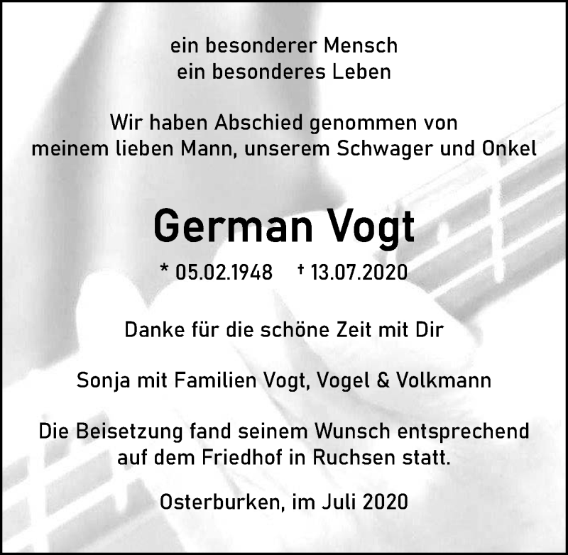  Traueranzeige für German Vogt vom 25.07.2020 aus GESAMT