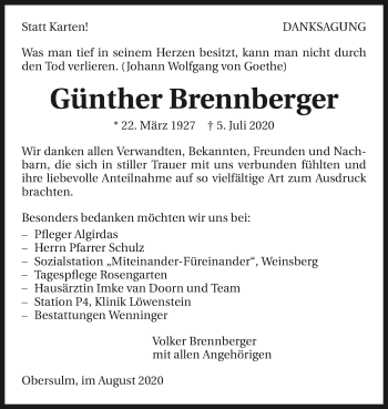 Traueranzeige von Günther Brennberger von GESAMT