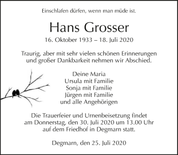 Traueranzeige von Hans Grosser von GESAMT