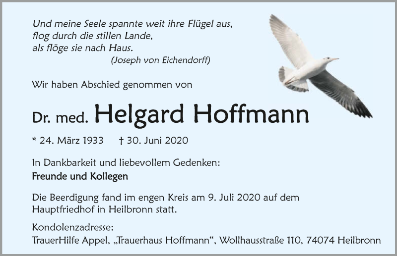  Traueranzeige für Helgard Hoffmann vom 11.07.2020 aus GESAMT