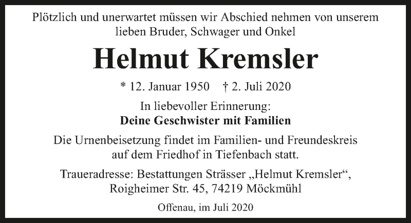  Traueranzeige für Helmut Kremsler vom 11.07.2020 aus GESAMT