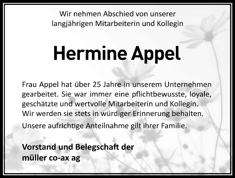  Traueranzeige für Hermine Appel vom 21.07.2020 aus GESAMT