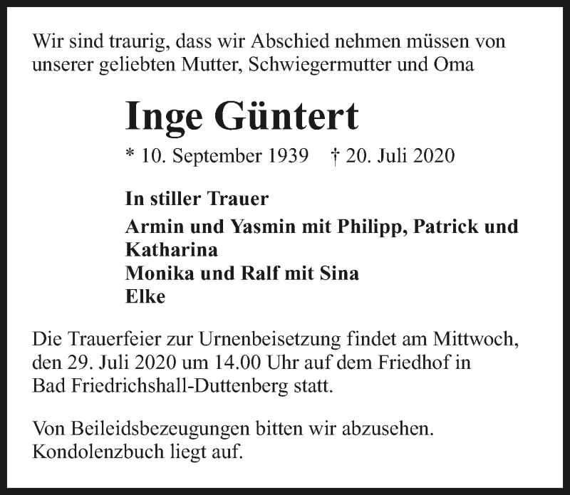  Traueranzeige für Inge Güntert vom 25.07.2020 aus GESAMT