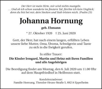 Traueranzeige von Johanna Hornung von GESAMT