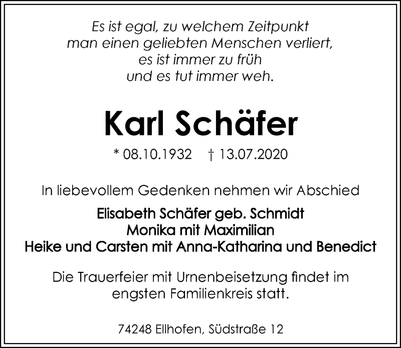 Traueranzeigen von Karl Schäfer | www.trauerundgedenken.de