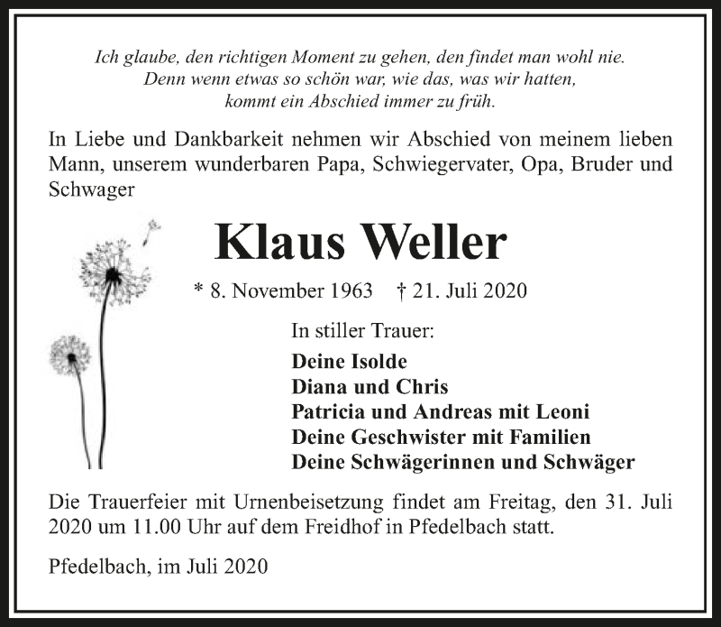  Traueranzeige für Klaus Weller vom 25.07.2020 aus GESAMT