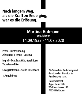 Traueranzeige von Martina Hofmann von GESAMT