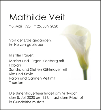 Traueranzeige von Mathilde Veit von GESAMT