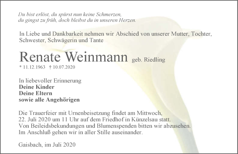  Traueranzeige für Renate Weinmann vom 17.07.2020 aus GESAMT