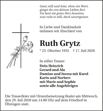 Traueranzeige von Ruth Grytz von GESAMT