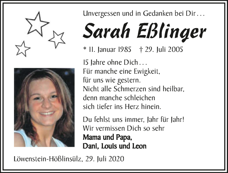  Traueranzeige für Sarah Eßlinger vom 29.07.2020 aus GESAMT