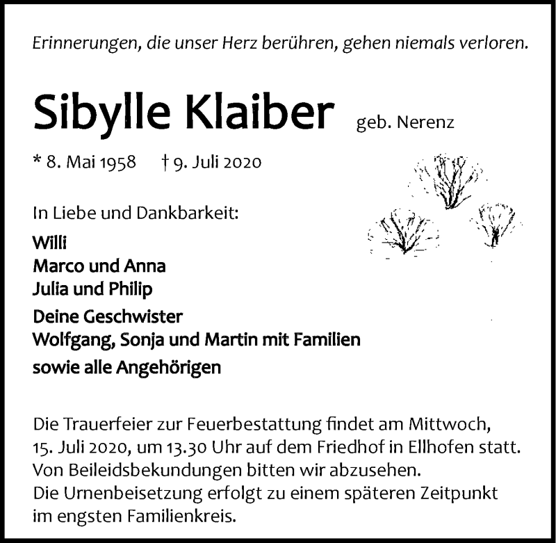  Traueranzeige für Sibylle Klaiber vom 11.07.2020 aus GESAMT