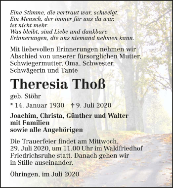 Traueranzeige von Theresia Thoß von GESAMT