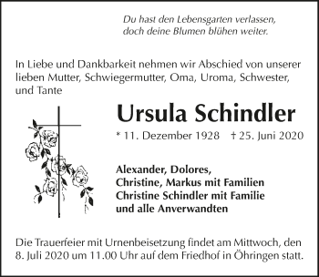 Traueranzeige von Ursula Schindler von GESAMT