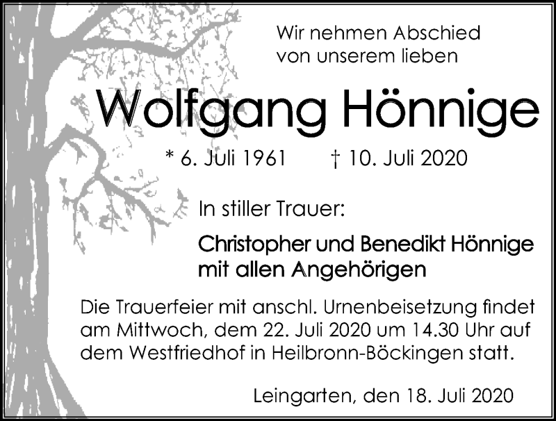  Traueranzeige für Wolfgang Hönnige vom 18.07.2020 aus GESAMT