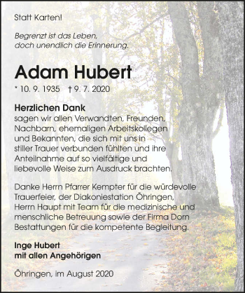 Traueranzeige von Adam Hubert von GESAMT