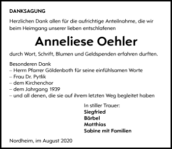 Traueranzeige von Anneliese Oehler von GESAMT