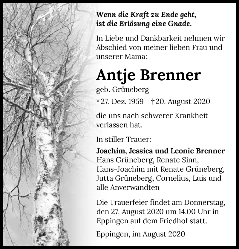  Traueranzeige für Antje Brenner vom 25.08.2020 aus GESAMT