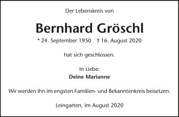 Traueranzeige von Bernhard Gröschl von GESAMT
