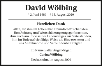 Traueranzeige von David Wölbing von GESAMT