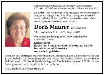 Traueranzeige von Doris Maurer von GESAMT