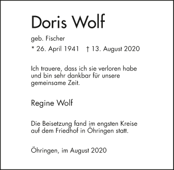 Traueranzeige von Doris Wolf von GESAMT