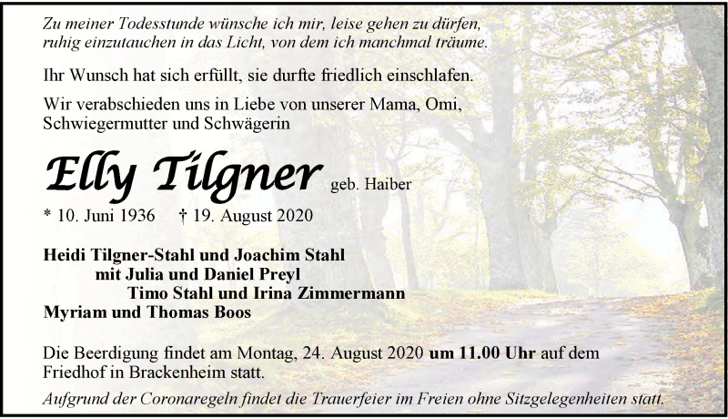  Traueranzeige für Elly Tilgner vom 22.08.2020 aus GESAMT
