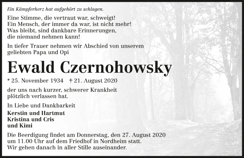  Traueranzeige für Ewald Czernohowsky vom 25.08.2020 aus GESAMT