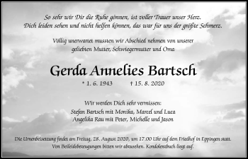 Traueranzeige von Gerda Annelies Bartsch von GESAMT