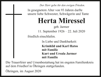 Traueranzeige von Herta Miressel von GESAMT