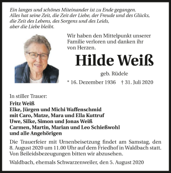 Traueranzeigen Von Hilde Weiss Www Trauerundgedenken De