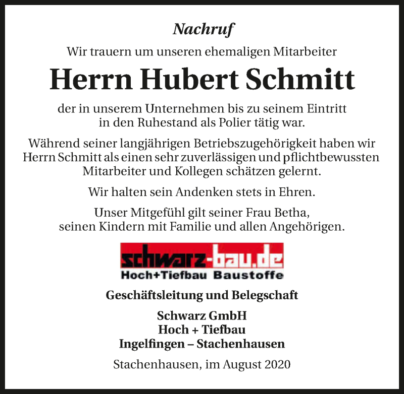  Traueranzeige für Hubert Schmitt vom 21.08.2020 aus GESAMT