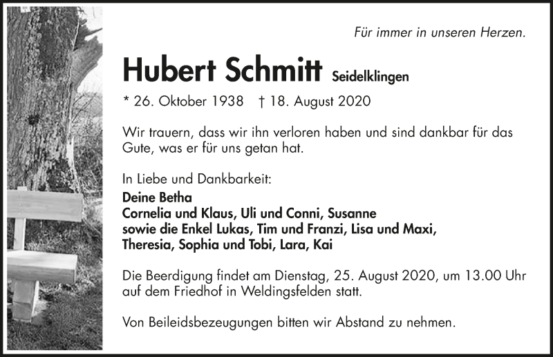  Traueranzeige für Hubert Schmitt vom 21.08.2020 aus GESAMT