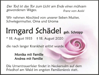 Traueranzeige von Irmgard Schädel von GESAMT