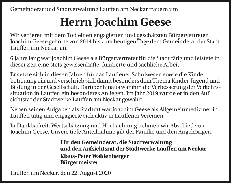  Traueranzeige für Joachim Geese vom 22.08.2020 aus GESAMT