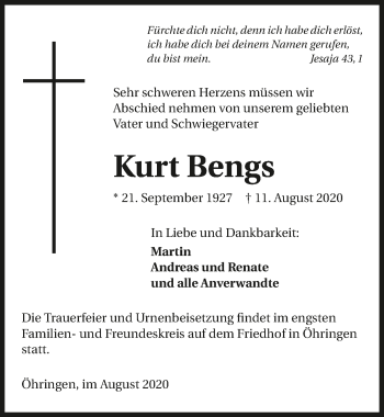 Traueranzeige von Kurt Bengs von GESAMT