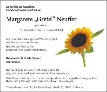 Traueranzeige von Margarete Neuffffer von GESAMT