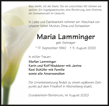 Traueranzeige von Maria Lamminger von GESAMT