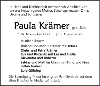 Traueranzeige von Paula Krämer von GESAMT