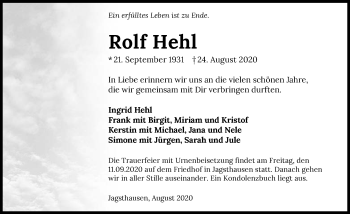 Traueranzeige von Rolf Hehl von GESAMT